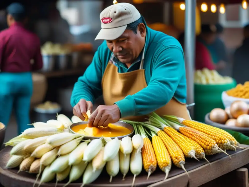 Un vendedor peruano preparando choclo con queso en un mercado local, destacando la receta choclo con queso peruana