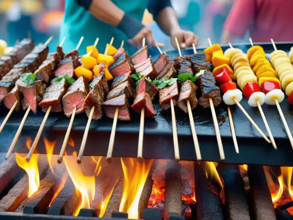 Un vendedor peruano experto preparando Anticuchos de Corazón Peruanos en un mercado tradicional