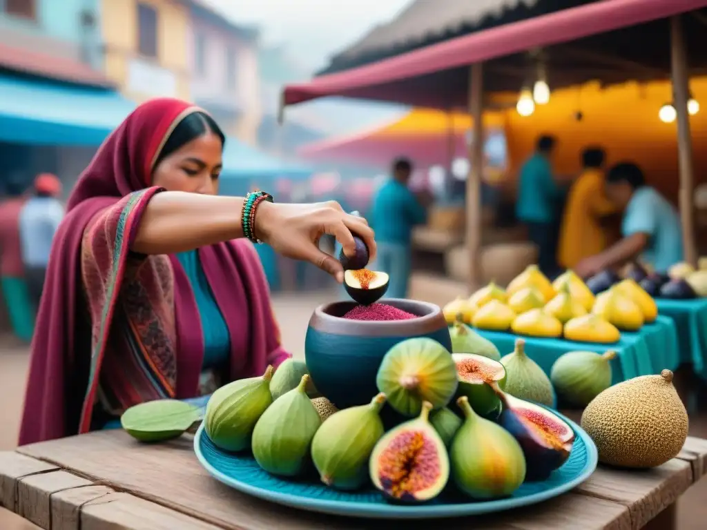 Un vendedor sirviendo refresco de higo peruano tradicional en un mercado vibrante de Perú