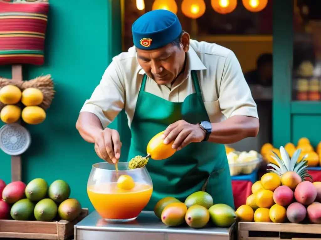 Vendedor preparando refresco de maracuyá trópico peruano en bullicioso mercado