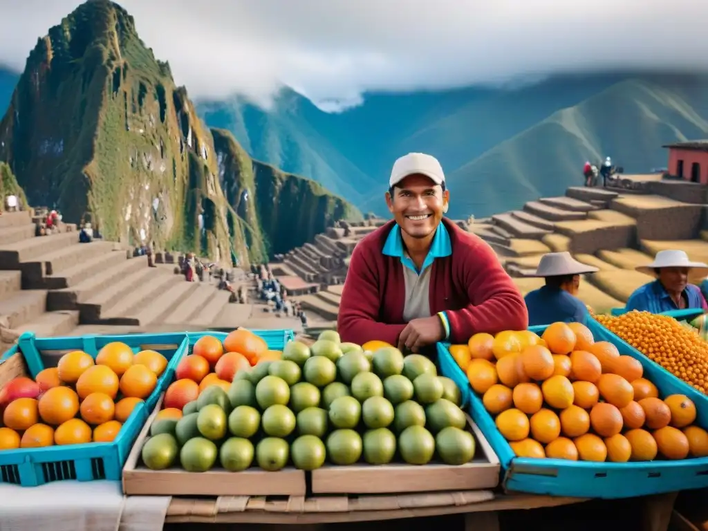 Vendedor sonriente en mercado peruano con aguaymanto, evocando riqueza cultural y 'Beneficios saludables del aguaymanto'