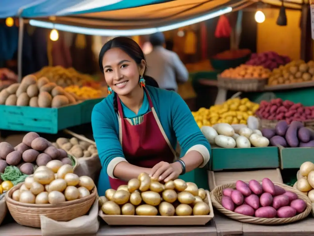 Una vendedora andina destaca la diversidad de papas peruanas en un colorido mercado, resaltando la importancia de la papa en Perú