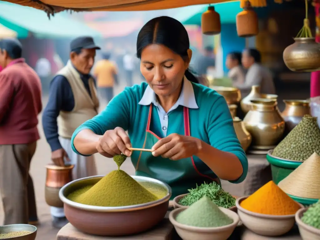 Una vendedora de emoliente peruano prepara la receta auténtica en un bullicioso mercado de Perú