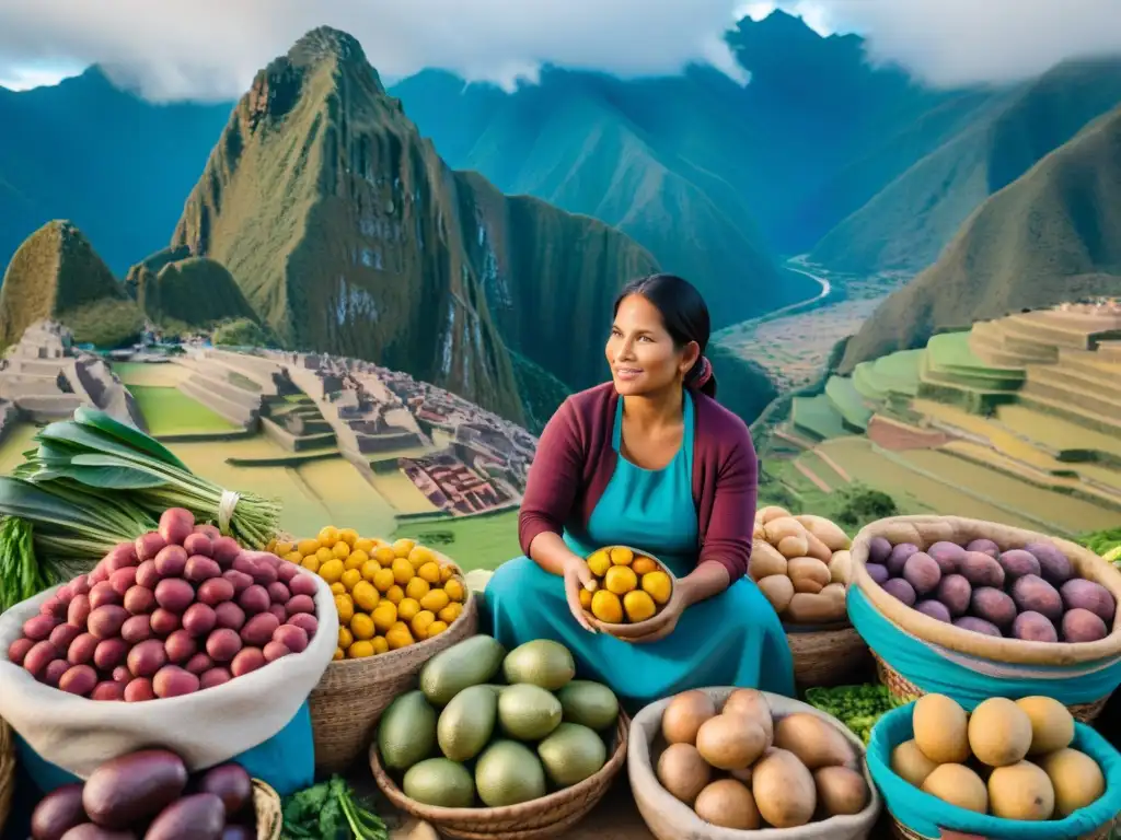 Mercado peruano: abundancia de frutas y verduras nutritivas Una vendedora peruana en un mercado lleno de frutas y verduras coloridas