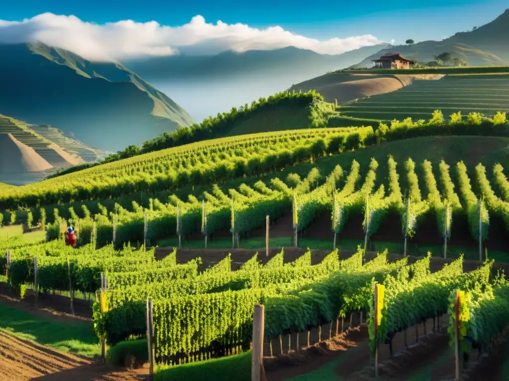 Plantación de vid verde exuberante con trabajadores cosechando uvas a mano bajo cielo azul