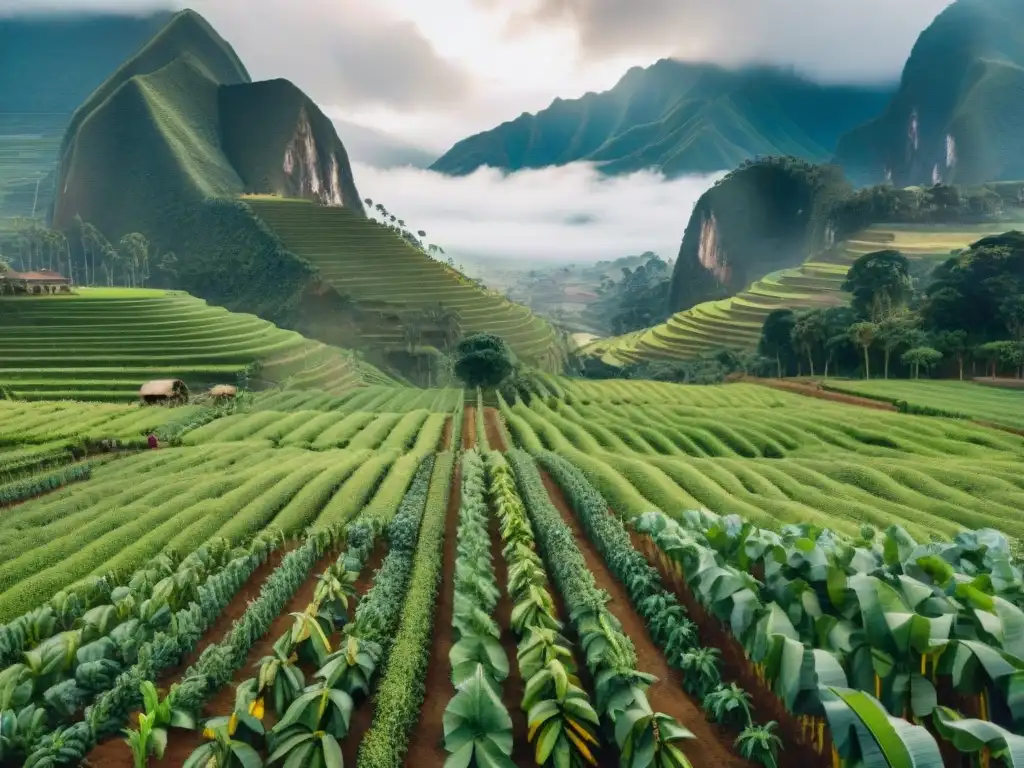 Plantación de plátano verde peruano: trabajadores cosechan plátanos verdes en un escenario montañoso y sereno