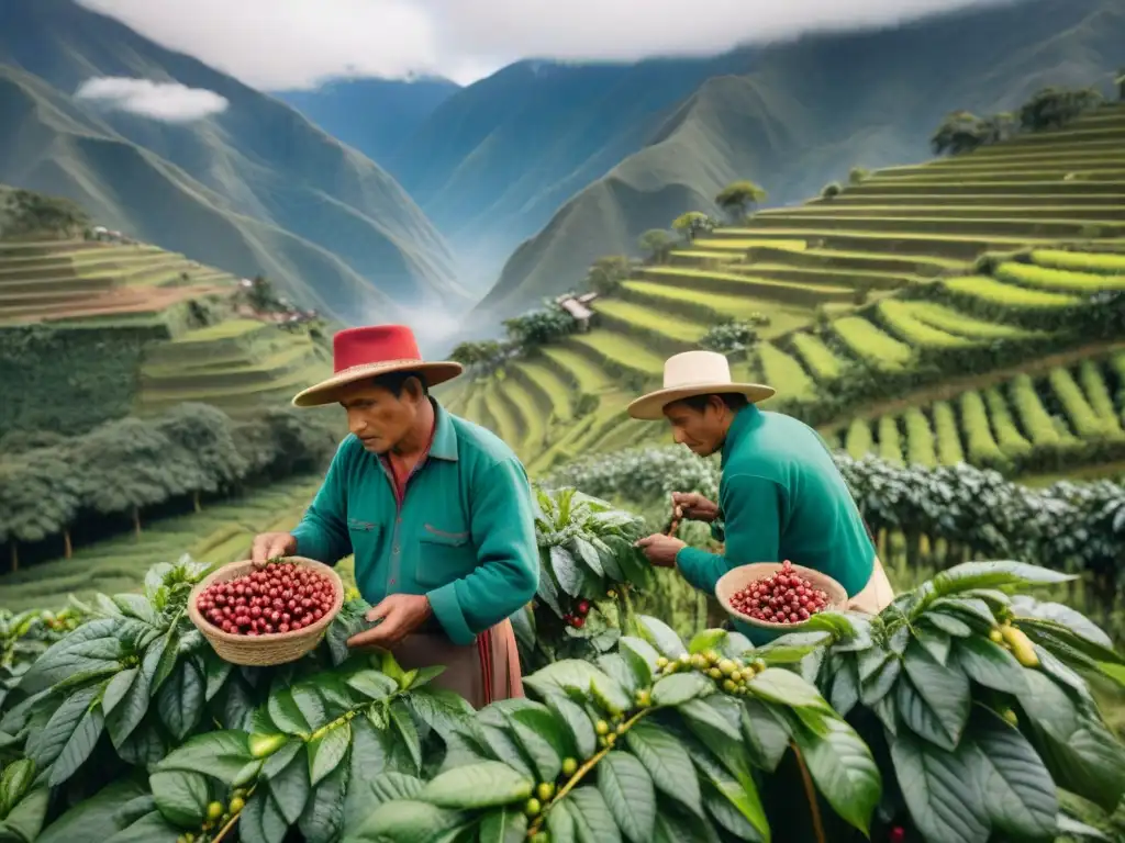 En los verdes campos de café de los Andes, caficultores peruanos cosechan con dedicación los cerezos rojos