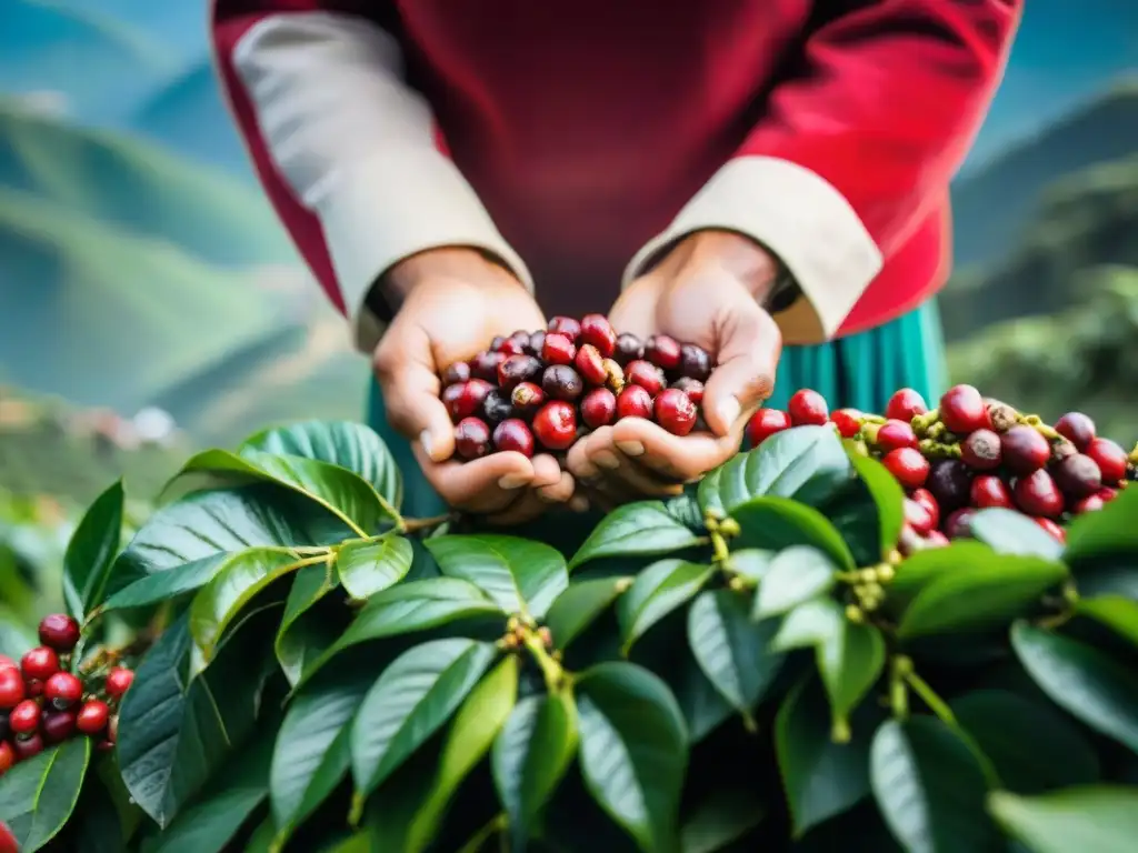 Farmers en vestimenta tradicional seleccionando a mano los mejores granos de café en una plantación en los Andes peruanos