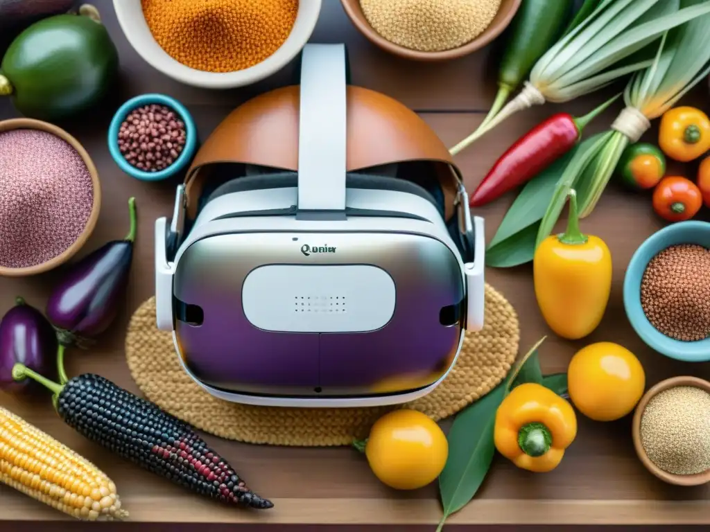 Viajes gastronómicos virtuales Perú: Cascada de ingredientes peruanos y mercado animado en auriculares de realidad virtual