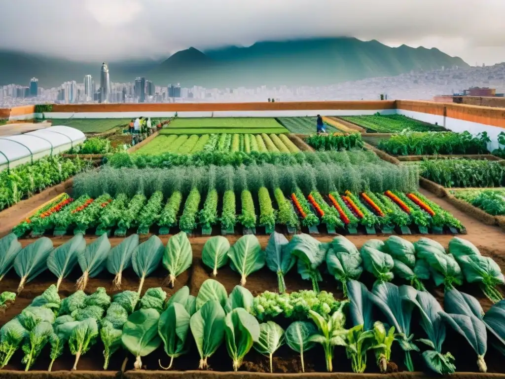 Una vibrante agricultura urbana en Perú, mostrando un jardín en la azotea de Lima con vegetales y agricultores locales