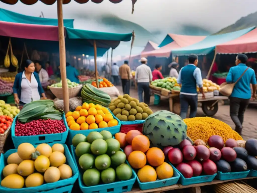 Una vibrante fotografía de alimentos peruanos en un bullicioso mercado, con frutas coloridas y textiles tradicionales