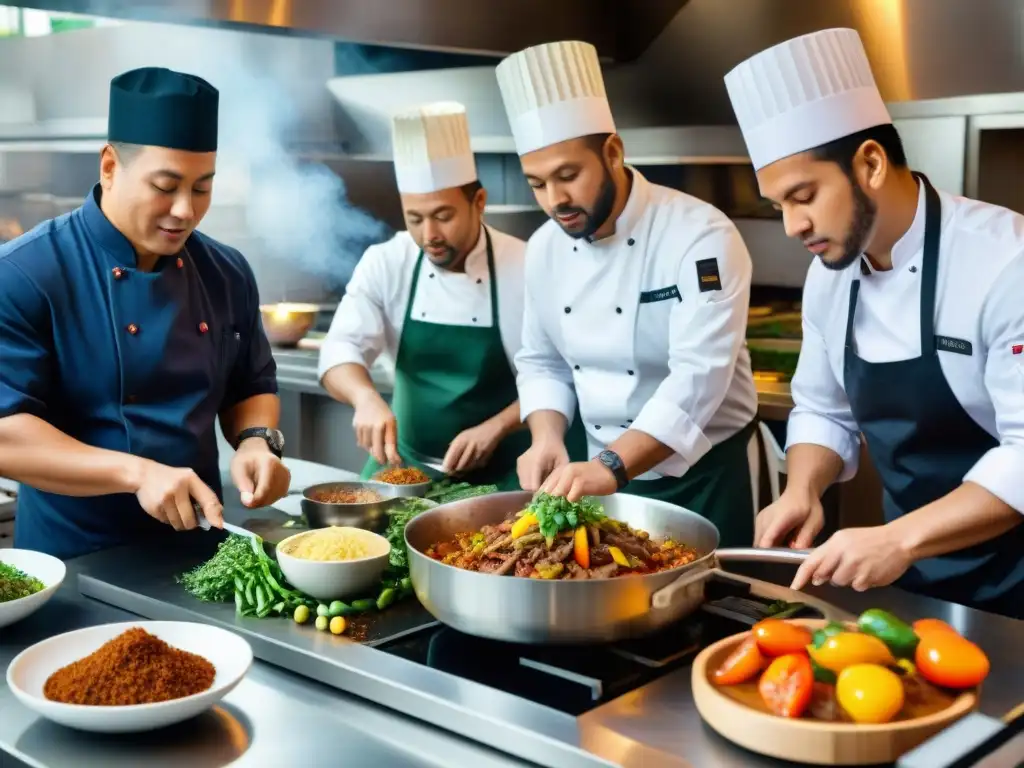 Un vibrante ambiente de cocina con chefs preparando Lomo Saltado en fusión cultural