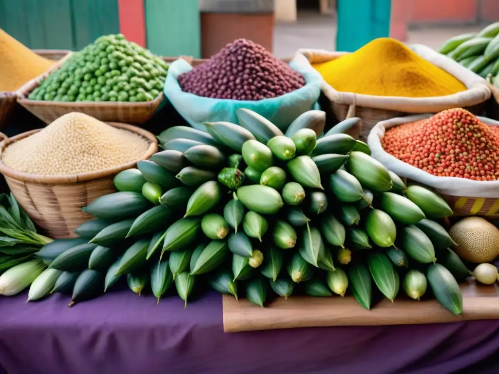 Exhibición vibrante de la caigua andina rodeada de productos peruanos en mercado tradicional