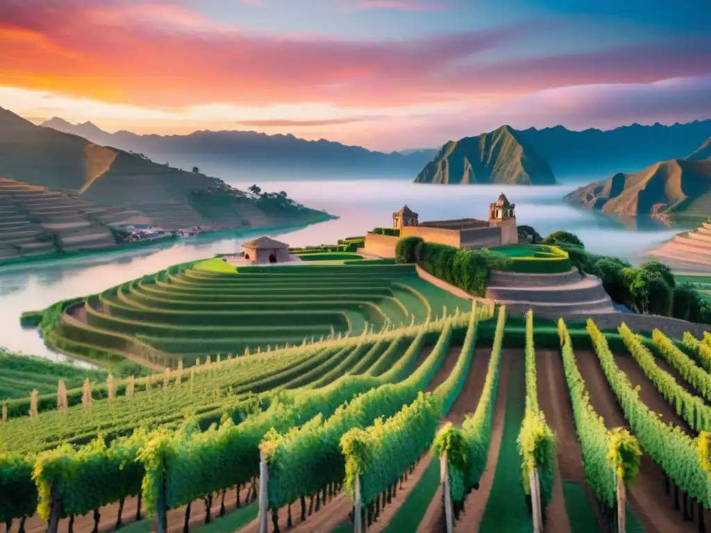 Un vibrante atardecer sobre viñedos en Perú, con un río sereno y ruinas incas al fondo