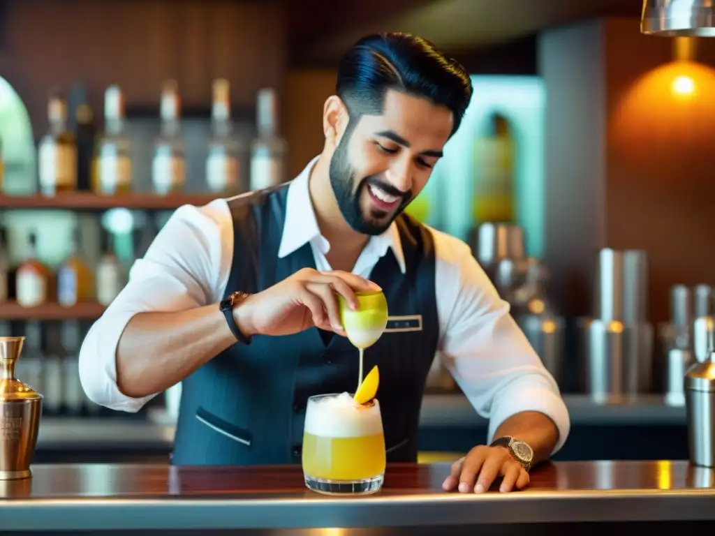 Un vibrante bar internacional de pisco en Perú, con un barman preparando un pisco sour