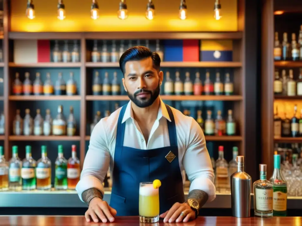 Un vibrante bar de pisco en Nueva York, con un barman preparando un pisco sour clásico