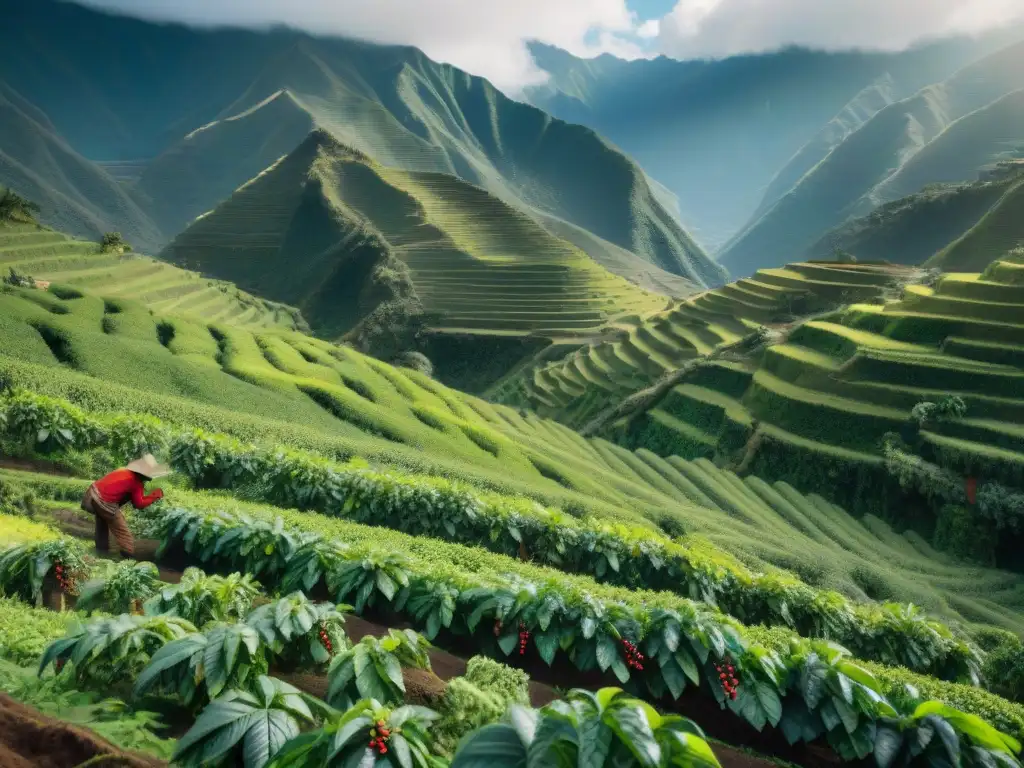 Un vibrante café peruano de altura ruta, con montañas neblinosas de fondo y trabajadores recolectando cerezas rojas bajo el sol