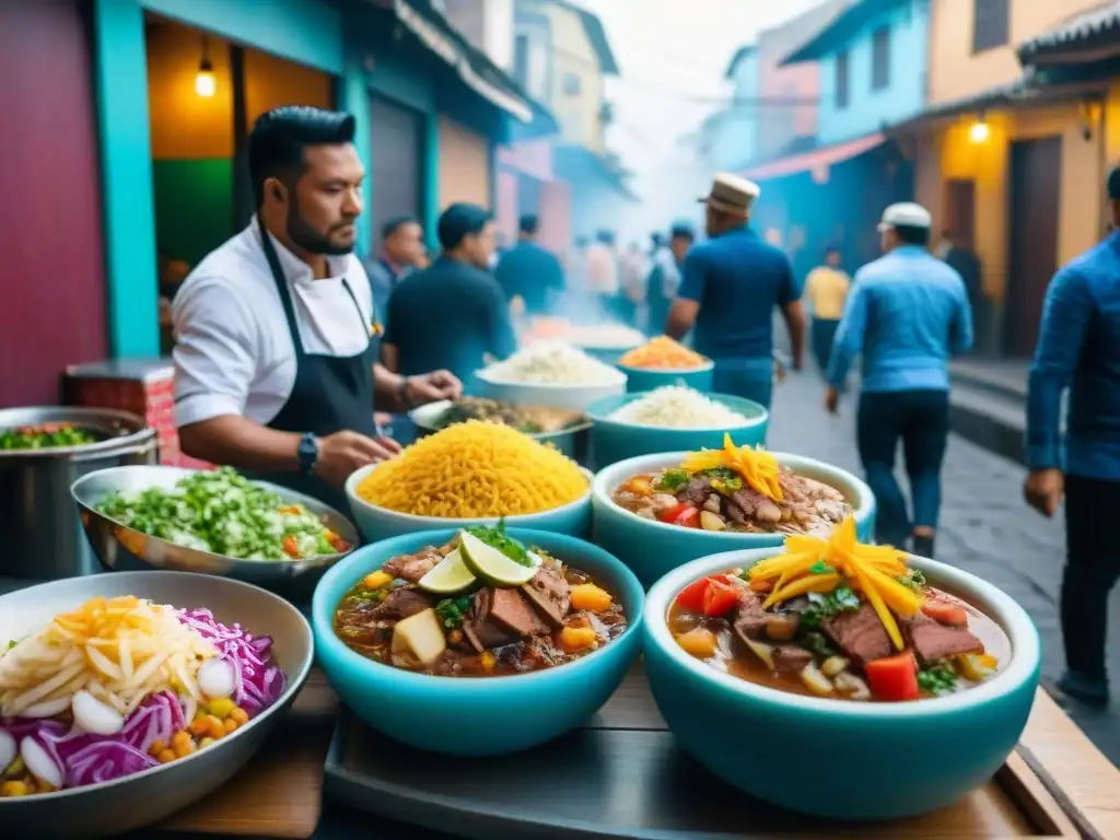 Vibrante calle limeña con puestos de comida casera auténtica como ceviche y lomo saltado