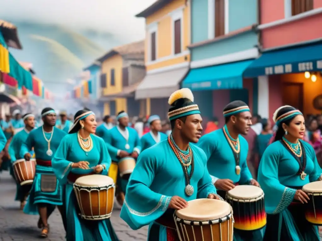 Una vibrante procesión callejera durante las Fiestas de San Juan en Perú, con bailarines Afroperuanos, tambores y banderas coloridas