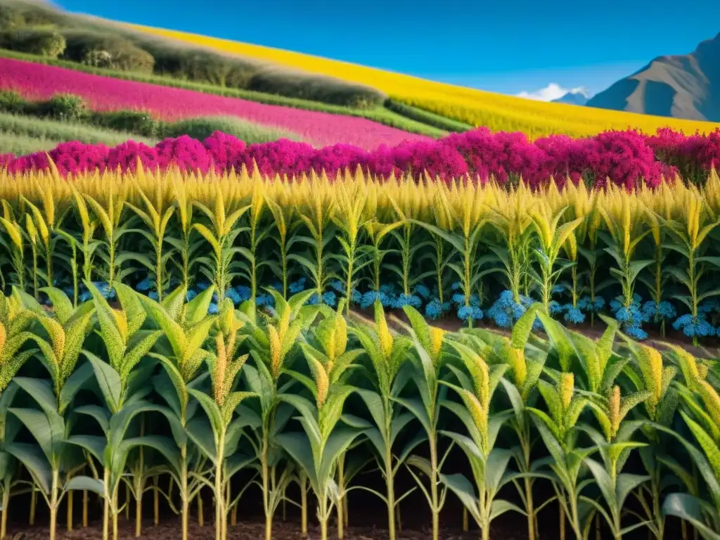 Vibrante campo andino de quinua en flor, muestra la belleza de la agricultura sostenible en gastronomía peruana