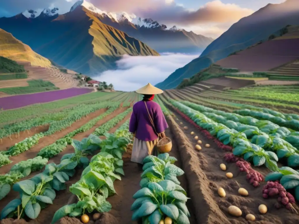 Vibrante campo de papas en Perú con gran diversidad de colores, agricultores locales y montañas nevadas al fondo