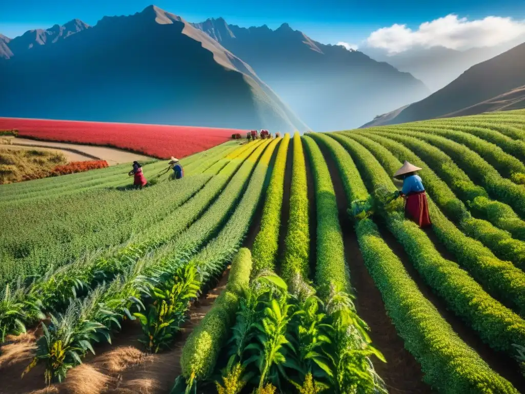 Vibrante campo de quinua en Perú, con agricultores indígenas cosechando