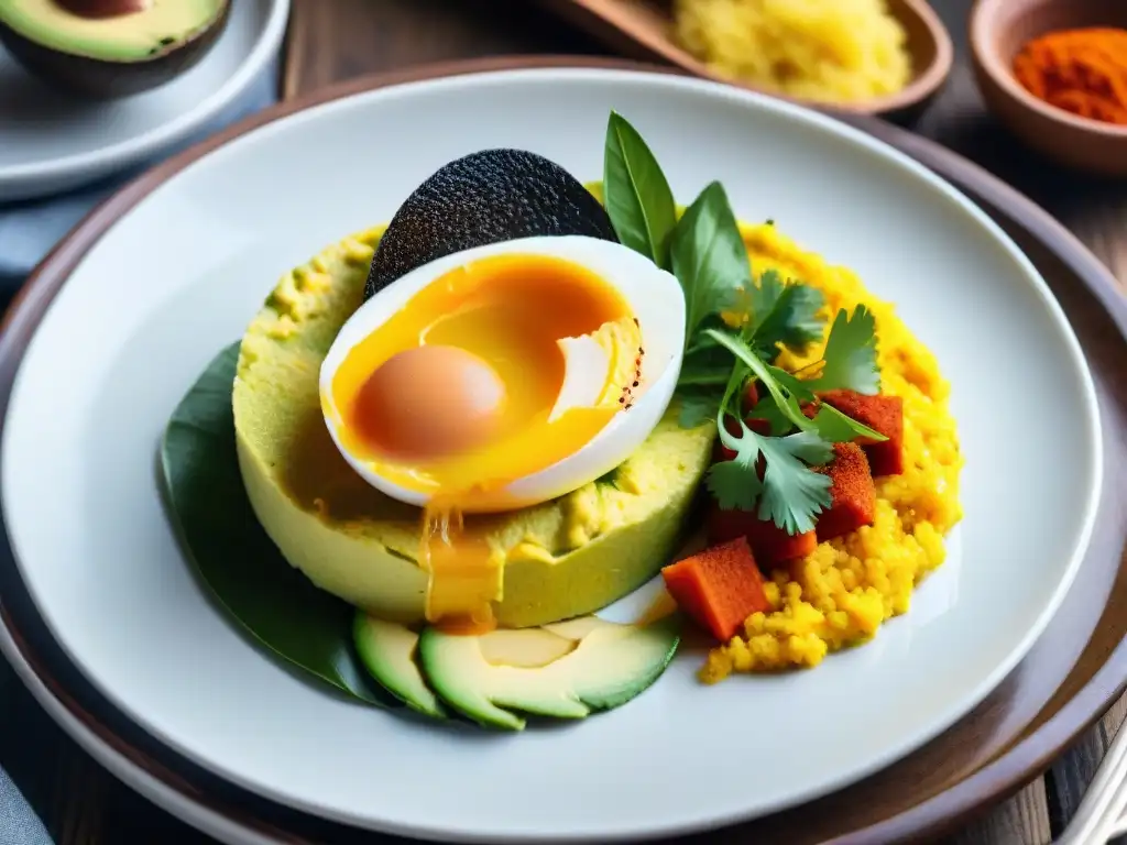 Una vibrante causa limeña con historia y receta, decorada con aguacate, huevo y paprika sobre un plato blanco en una mesa rústica de madera