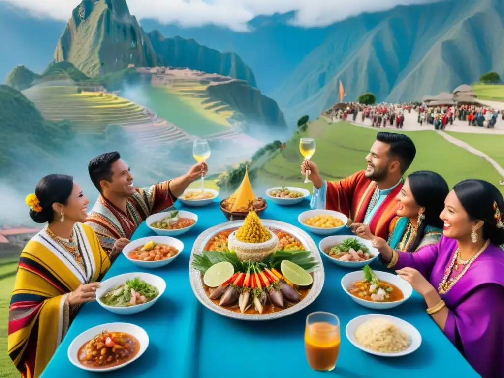 Una vibrante celebración peruana con platos típicos y paisaje festivo