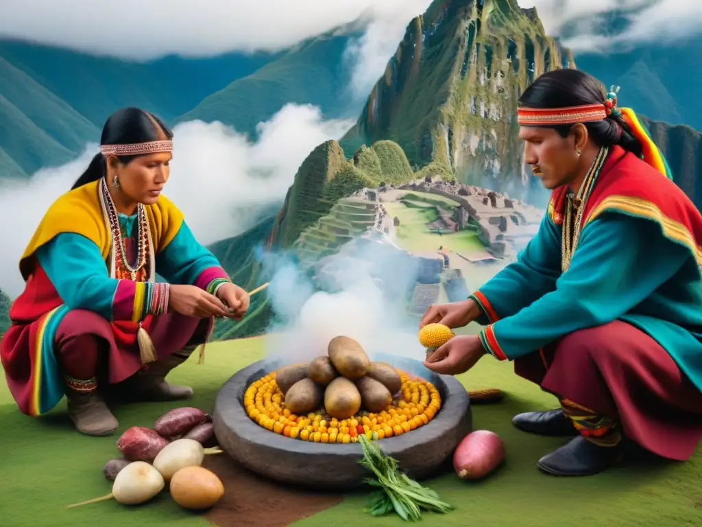 Vibrante ceremonia de Pachamanca en los Andes: ingredientes tradicionales sobre piedras calientes, chaman invocando bendiciones