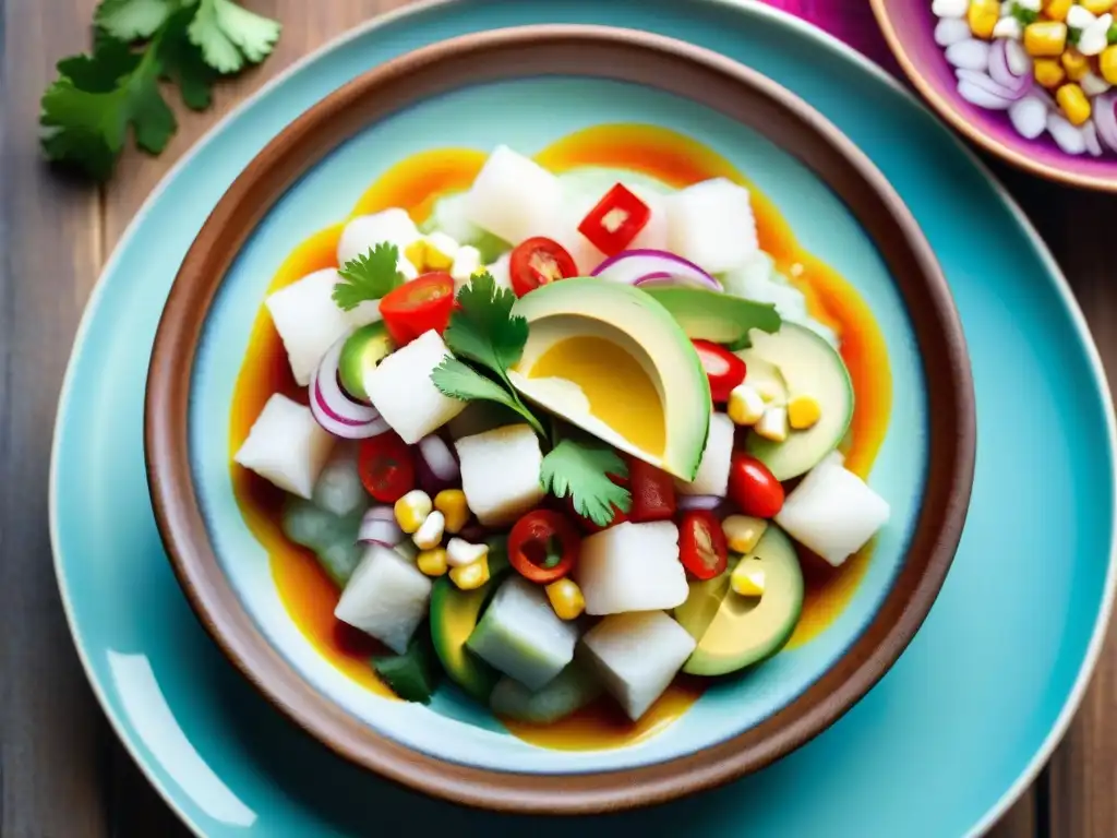 Un vibrante ceviche peruano con beneficios saludables, resalta sus colores y texturas en una presentación artística