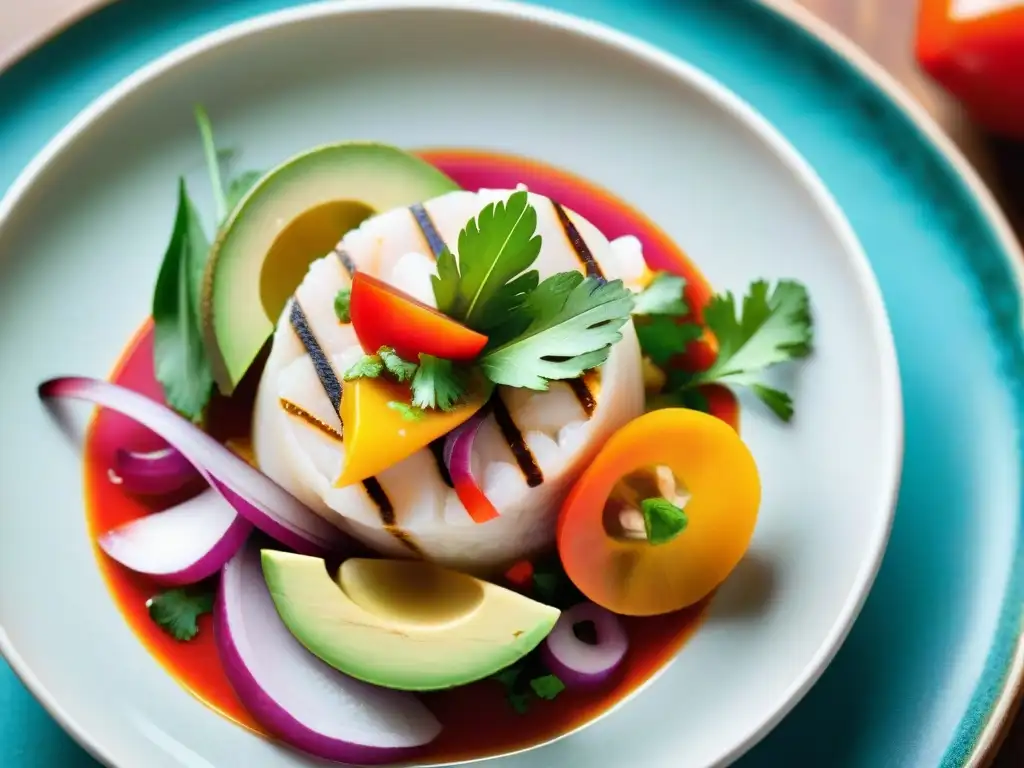 Un vibrante ceviche peruano en elegante plato cerámico con ingredientes frescos y coloridos, destacando en telas peruanas