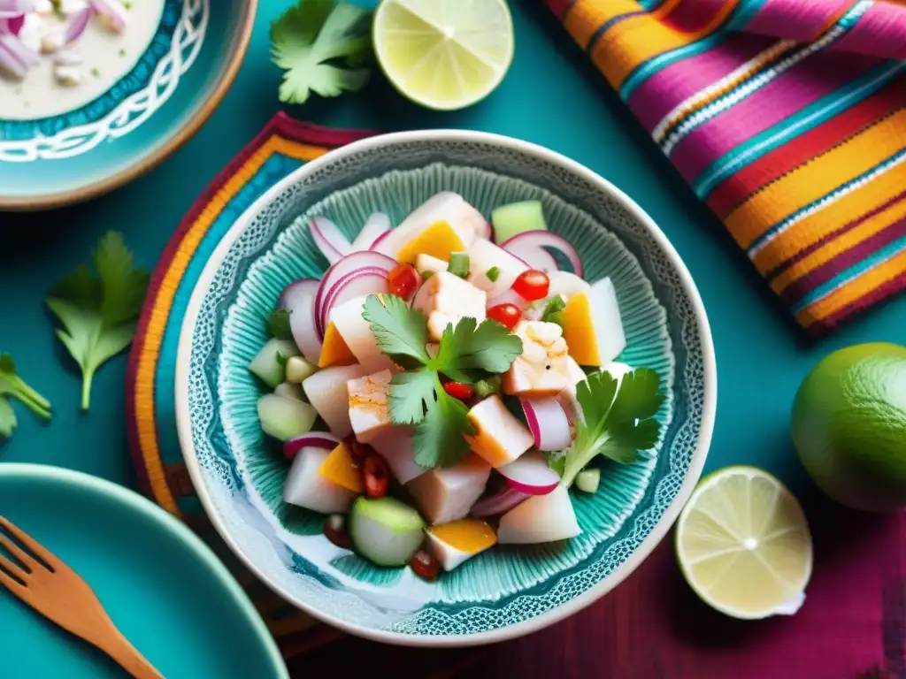 Un vibrante ceviche peruano con ingredientes autóctonos, servido en una colorida vajilla tradicional