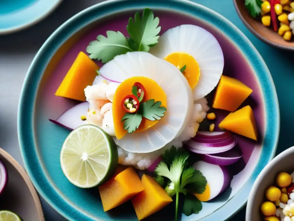 Un vibrante ceviche peruano en plato de cerámica, con ingredientes frescos y coloridos