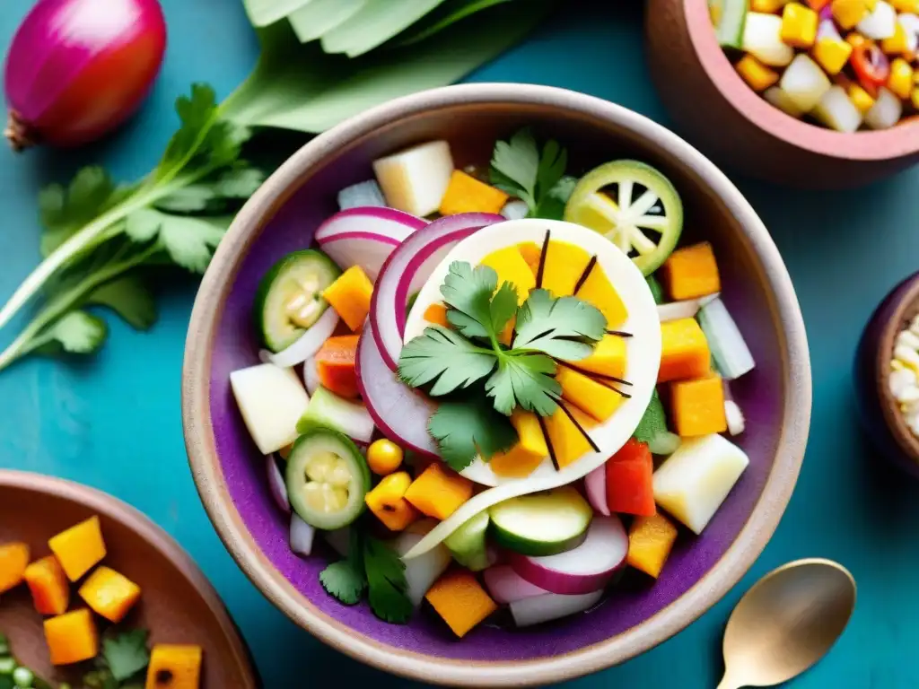 Un vibrante ceviche vegano peruano con ingredientes autóctonos en un mercado de Lima