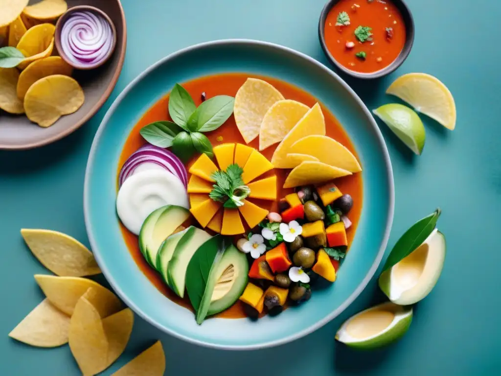 Un vibrante ceviche vegano peruano, con vegetales marinados, limón y hierbas, en una tradicional plato de barro