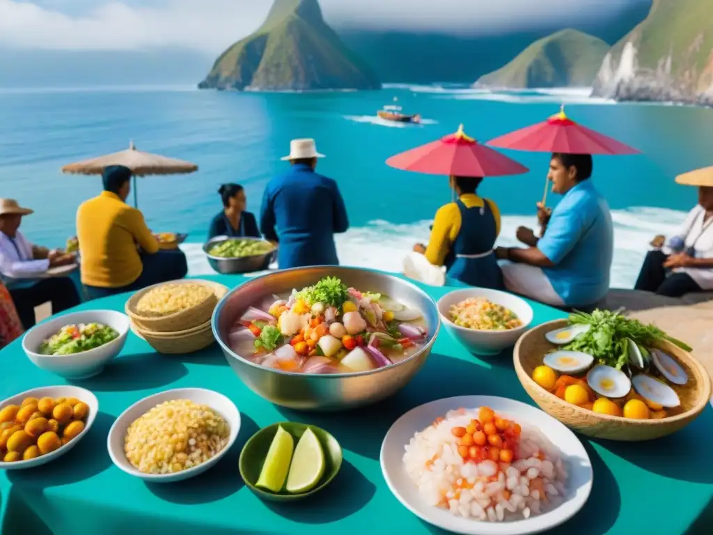 Vibrante cevichería en la costa norte del Perú, con clientes en fila y vendedores preparando ceviche fresco bajo coloridos toldos