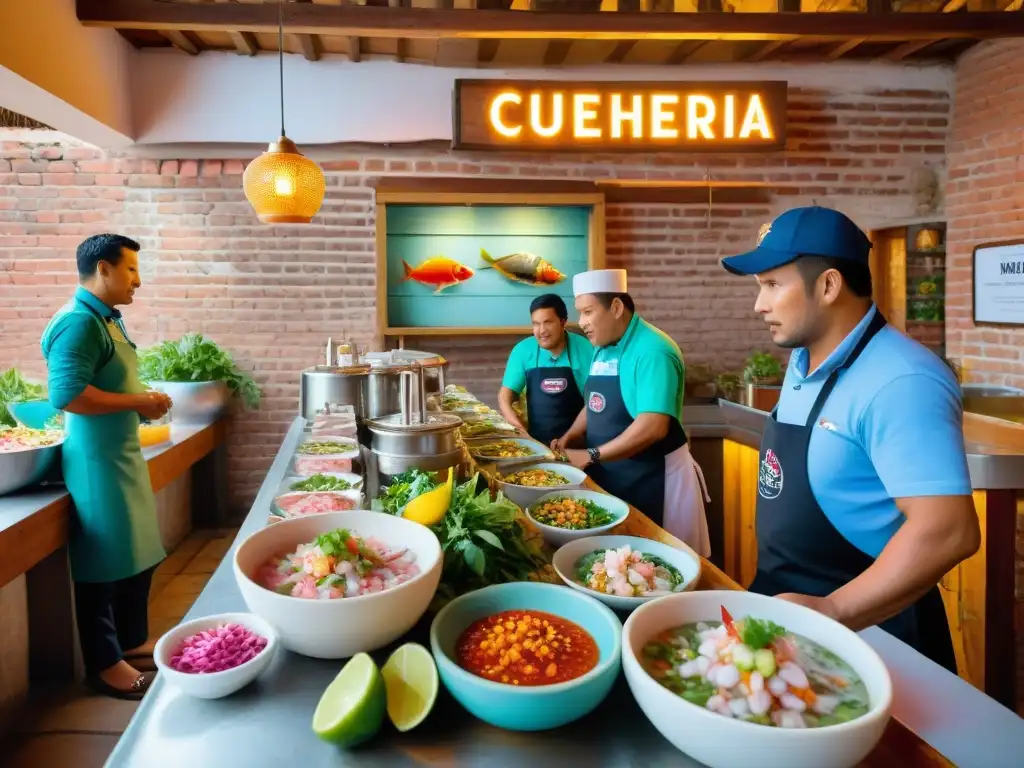 Vibrante cevichería en el norte de Perú, mostrando frescos mariscos y chefs preparando ceviche