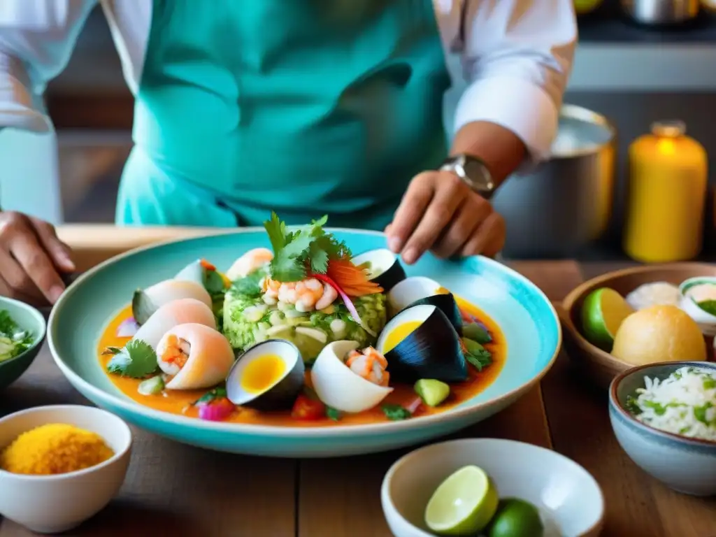 Vibrante cevichería peruana con chef preparando conchas a la Parmesana, clientes ansiosos en mesas de madera