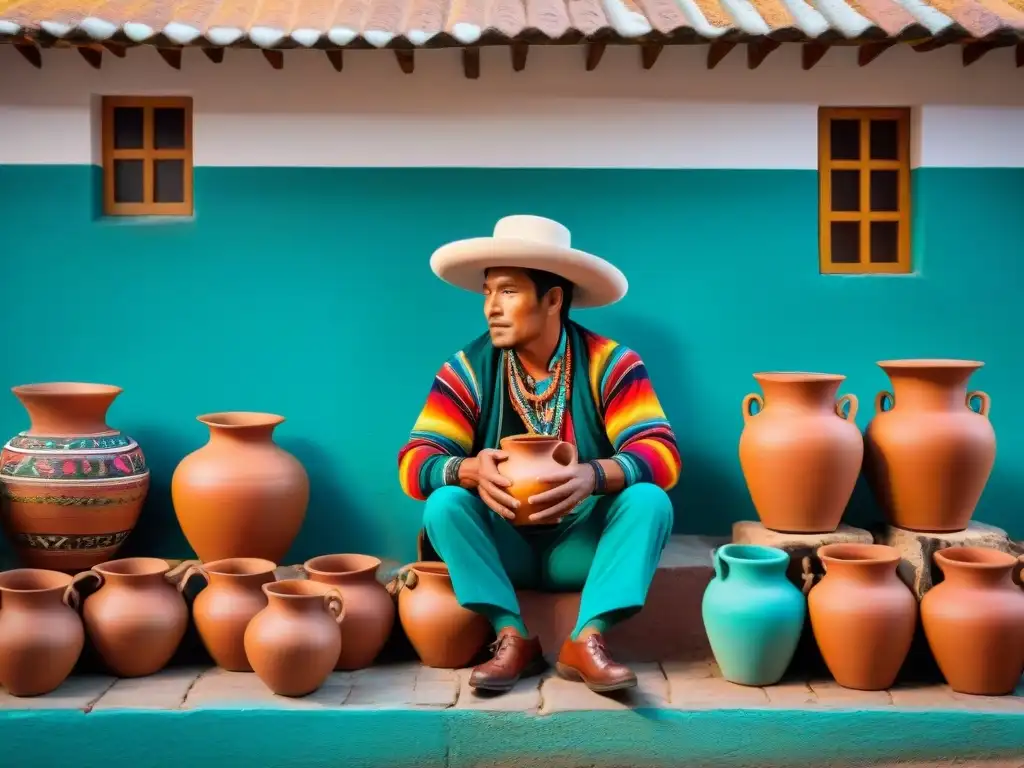 Chichería tradicional peruana rebosante de vida Vibrante chichería peruana con grandes ollas de chicha, textiles coloridos y locales disfrutando de bebidas fermentadas tradicionales Perú