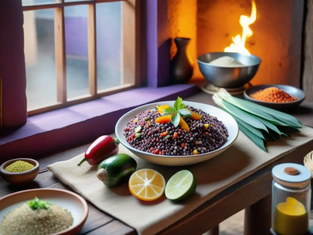 Vibrante cocina ancestral peruana con mujeres preparando ceviche y aji de gallina