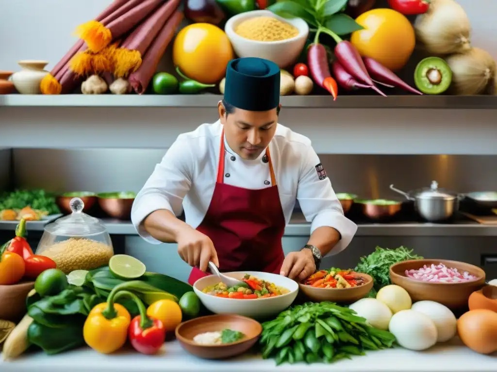 Vibrante cocina peruana: chefs preparan platos tradicionales fusiones entre ingredientes coloridos y textiles autóctonos