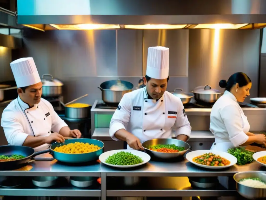 Vibrante cocina peruana con chefs preparando platos tradicionales en cocinas modulares