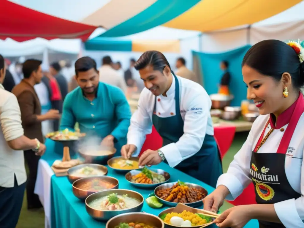 Escena vibrante: Festival de comida peruana en un mercado internacional Vibrante representación de cocina peruana en eventos culinarios internacionales