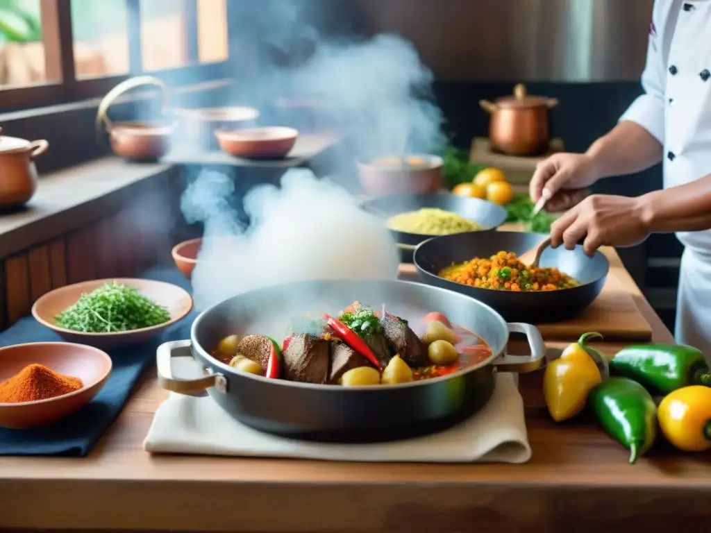 Vibrante cocina peruana preparando el histórico Picante de Cuy, reflejando la tradición culinaria