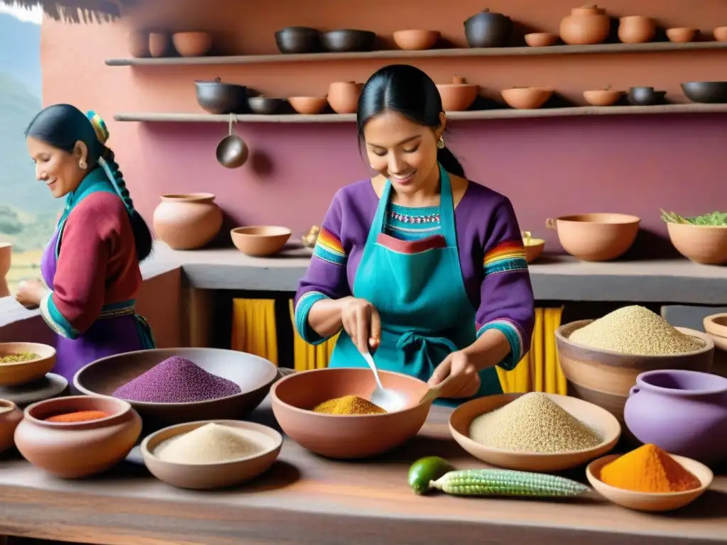 Vibrante cocina peruana con sabores ancestrales y coloridos ingredientes como quinua, maíz morado y ajíes