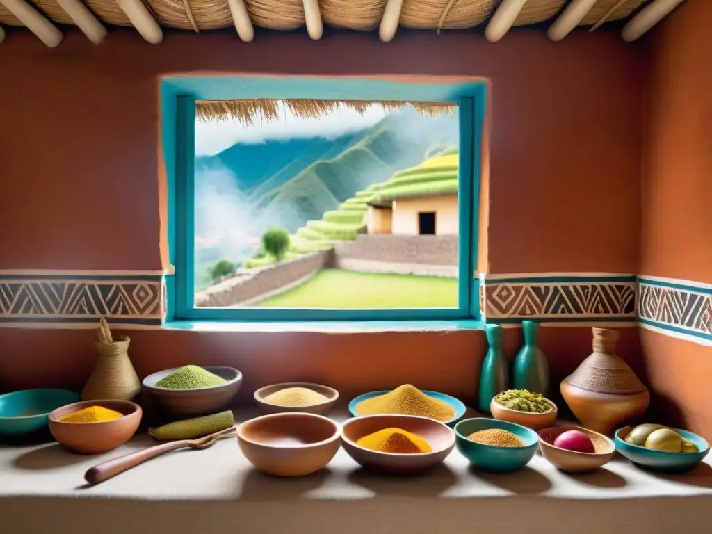 Vibrante cocina peruana con utensilios tradicionales de barro, madera y tejidos, iluminados por el sol