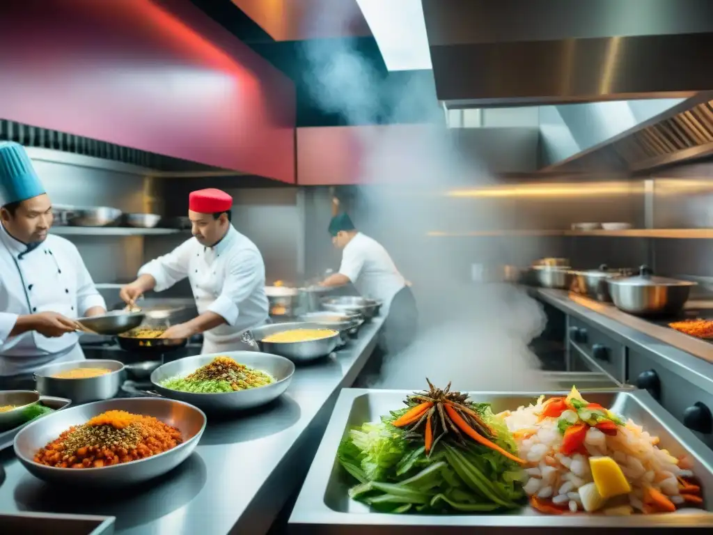 Vibrante cocina peruanoasiática innovadora con chefs expertos preparando ceviches y salteados, lleno de ingredientes exóticos