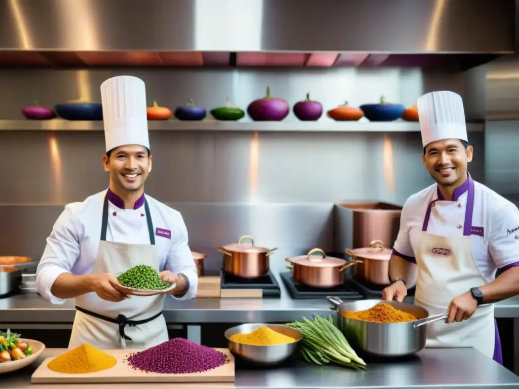 Un vibrante cocinero prepara platos peruanos innovadores en una moderna cocina abierta