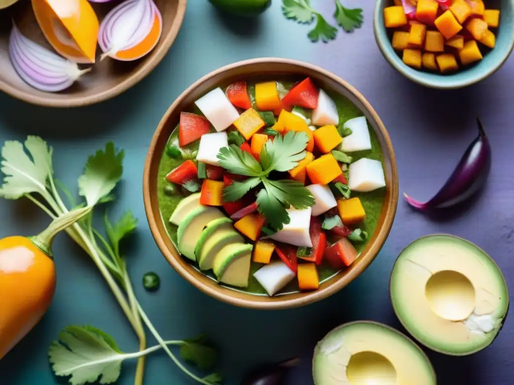 Una vibrante y colorida vista aérea de un tradicional ceviche peruano en mesa de madera rústica