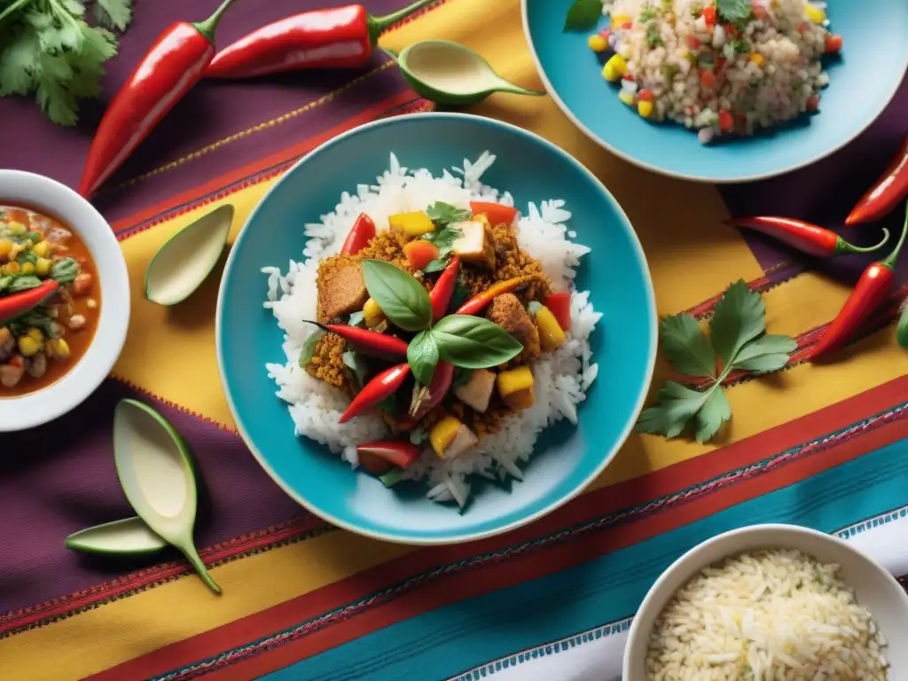 Una vibrante composición de banquetes peruanos en una fotografía gastronómica detallada, con ceviche colorido, arroz con pollo y chiles variados